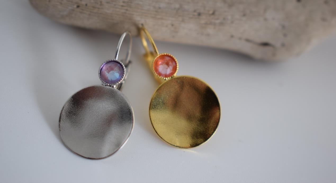 Orion earrings Greek hammered jewelry disc design with crystals in 18K gold, silver, and rose gold plated finish.