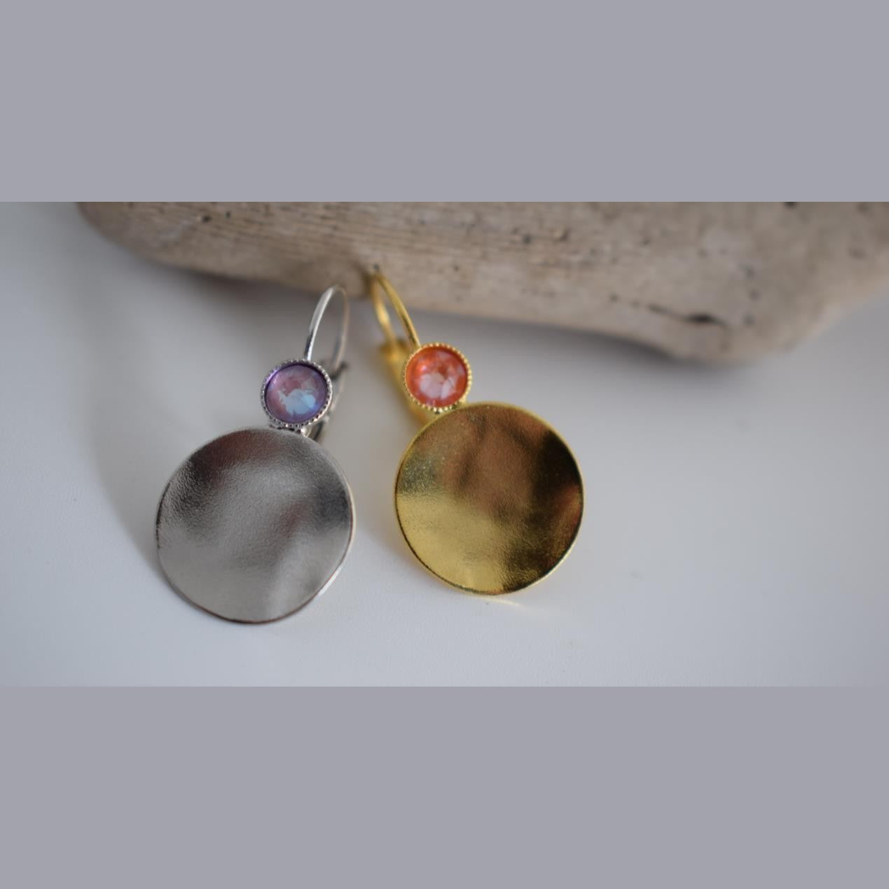 Orion earrings Greek hammered jewelry disc design with crystals in 18K gold, silver, and rose gold plated finish.