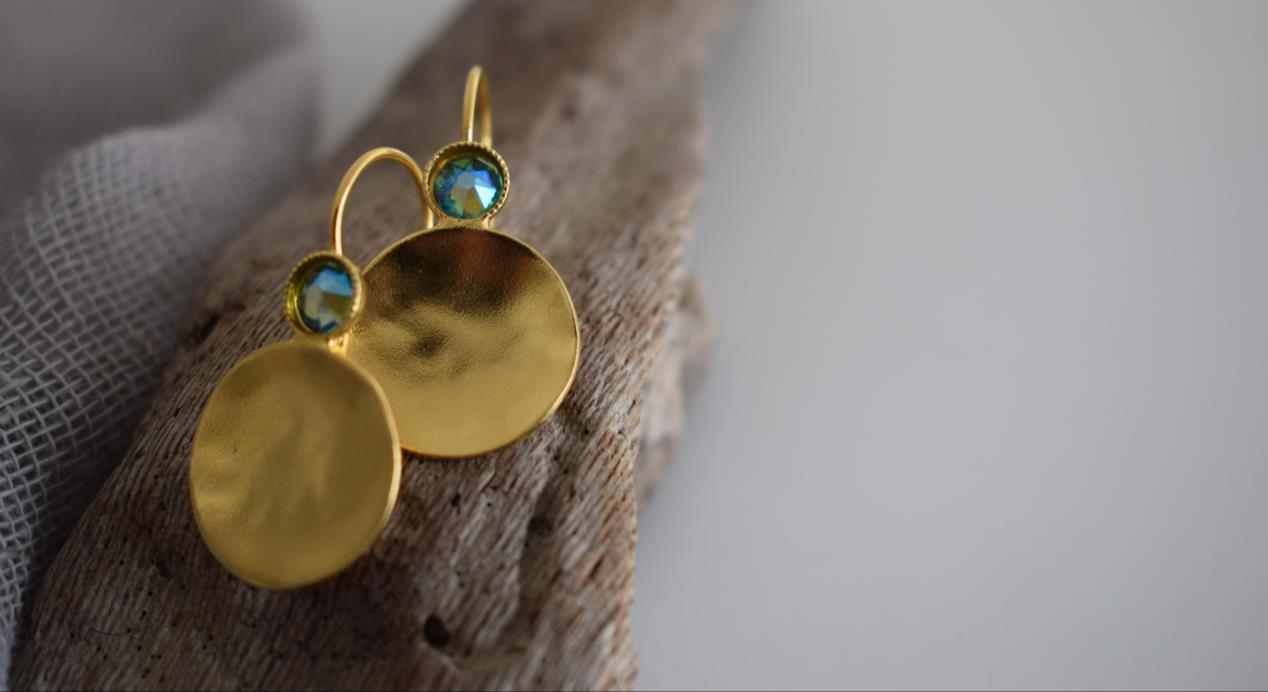 Orion earrings Greek hammered jewelry disc design with crystals in 18K gold, silver, and rose gold plated finish.