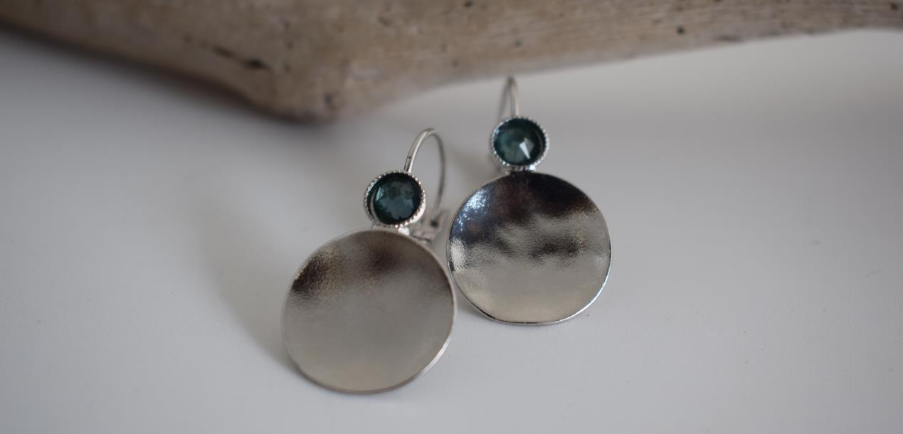 Orion earrings Greek hammered jewelry disc design with crystals in 18K gold, silver, and rose gold plated finish.