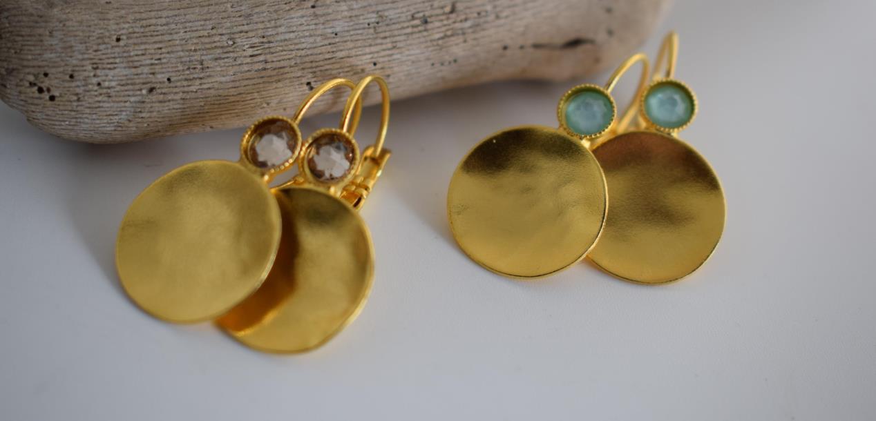 Orion earrings Greek hammered jewelry disc design with crystals in 18K gold, silver, and rose gold plated finish.