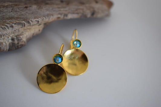 Orion earrings Greek hammered jewelry disc design with crystals in 18K gold, silver, and rose gold plated finish.