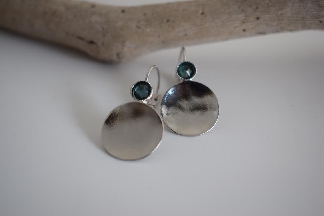 Orion earrings Greek hammered jewelry disc design with crystals in 18K gold, silver, and rose gold plated finish.