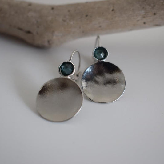 Orion earrings Greek hammered jewelry disc design with crystals in 18K gold, silver, and rose gold plated finish.