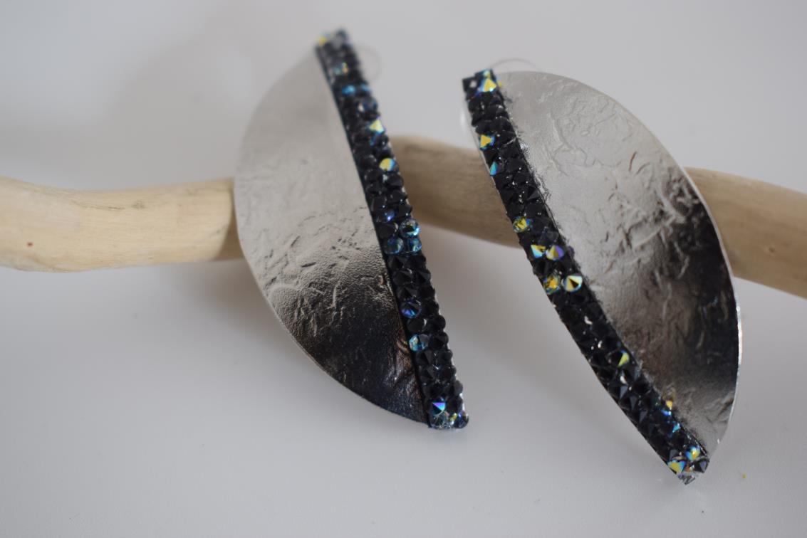 Handmade Eclipse earrings with hammered half-moon design and Swarovski crystals, Greek hammered jewelry available in 18K gold, silver and rose gold plating.