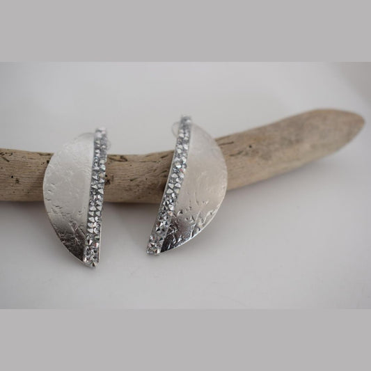 Handmade Eclipse earrings with hammered half-moon design and crystals, Greek hammered jewelry available in 18K gold, silver and rose gold plating.