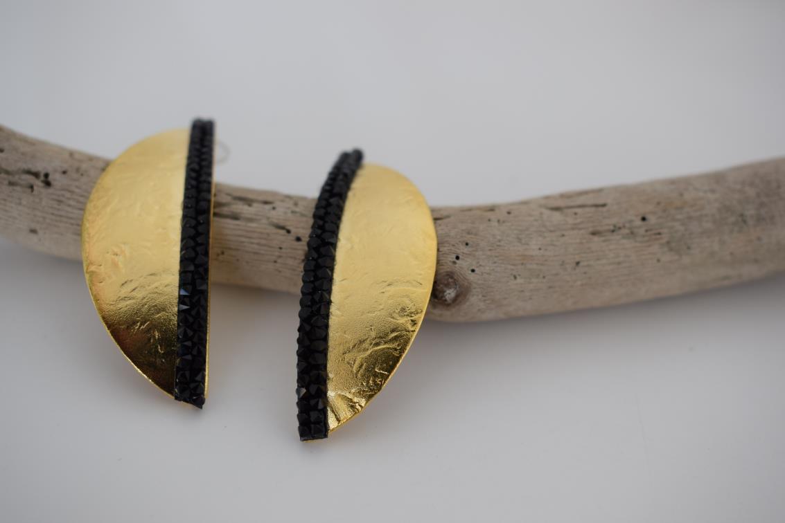 Handmade Eclipse earrings with hammered half-moon design and Swarovski crystals, Greek hammered jewelry available in 18K gold, silver and rose gold plating.