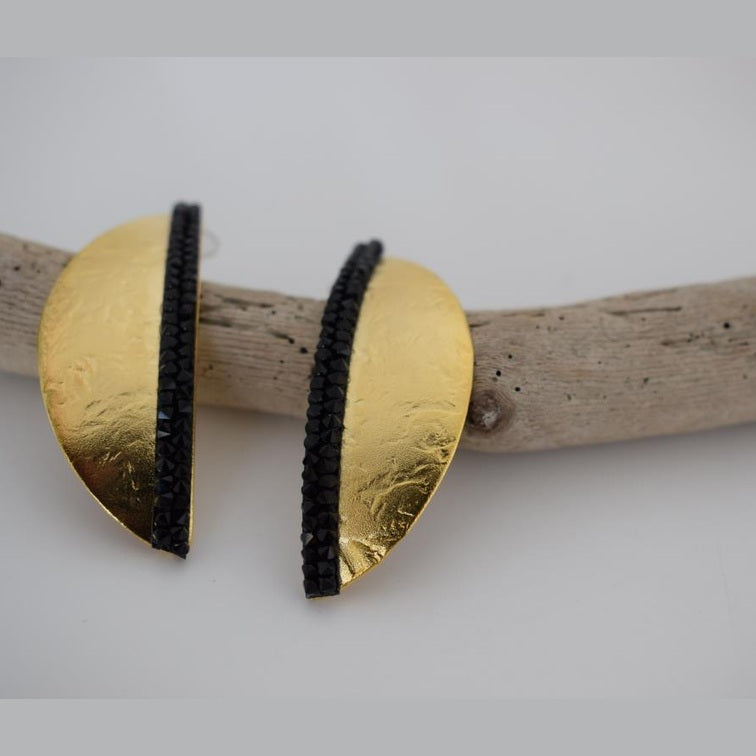 Handmade Eclipse earrings with hammered half-moon design and crystals, Greek hammered jewelry available in 18K gold, silver and rose gold plating.