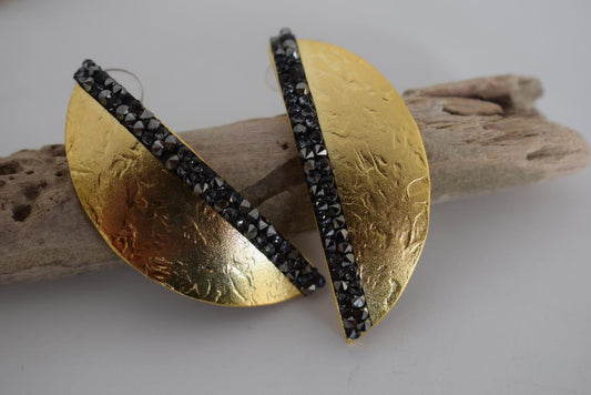 Handmade Eclipse earrings with hammered half-moon design and Swarovski crystals, Greek hammered jewelry available in 18K gold, silver and rose gold plating.
