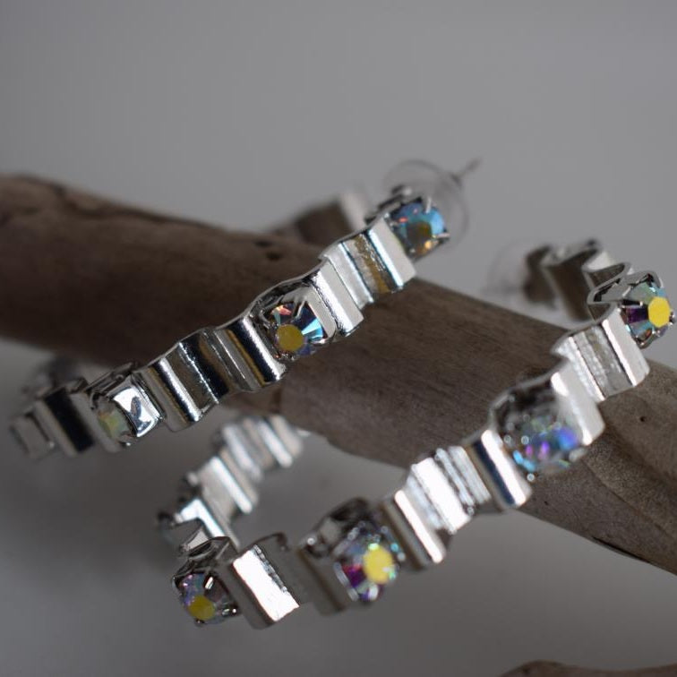 Rhythmis earrings with crystal – Greek hammered jewelry available in 18K gold plated, 18K silver plated, and rose gold plated