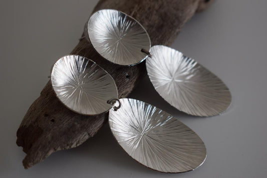 Kochlias3 earrings – Greek hammered jewelry inspired by seashell patterns, available in 18K gold plated, 18K silver plated, and rose gold plated