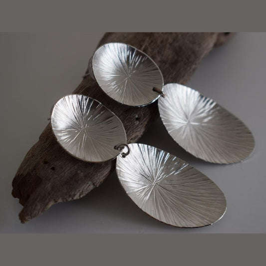 Kochlias3 earrings – Greek hammered jewelry inspired by seashell patterns, available in 18K gold plated, 18K silver plated, and rose gold plated