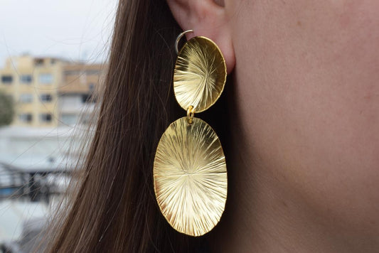 Kochlias3 earrings – Greek hammered jewelry inspired by seashell patterns, available in 18K gold plated, 18K silver plated, and rose gold plated