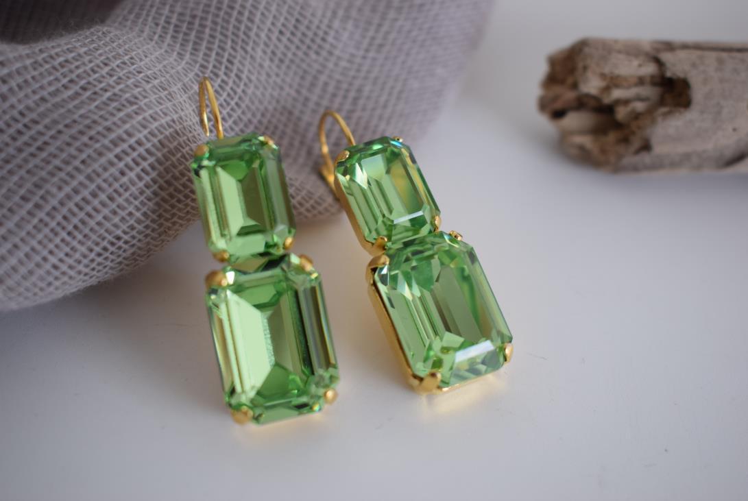 Handmade Electra earrings with rectangular crystals, Greek hammered jewelry available in 18K gold, silver and rose gold plating.