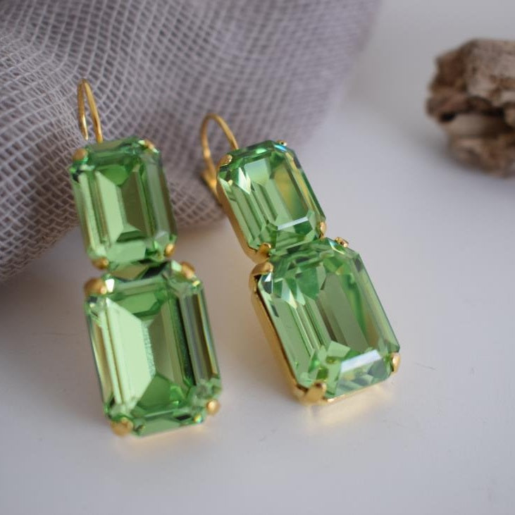 Handmade Electra earrings with rectangular crystals, Greek hammered jewelry available in 18K gold, silver and rose gold plating.