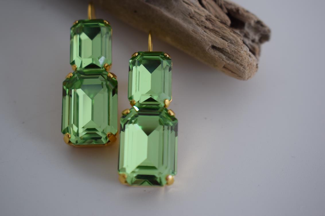 Handmade Electra earrings with rectangular crystals, Greek hammered jewelry available in 18K gold, silver and rose gold plating.