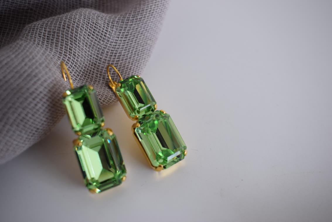 Handmade Electra earrings with rectangular crystals, Greek hammered jewelry available in 18K gold, silver and rose gold plating.