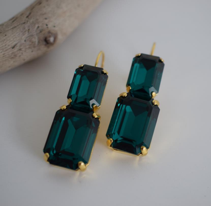 Handmade Electra earrings with rectangular crystals, Greek hammered jewelry available in 18K gold, silver and rose gold plating.