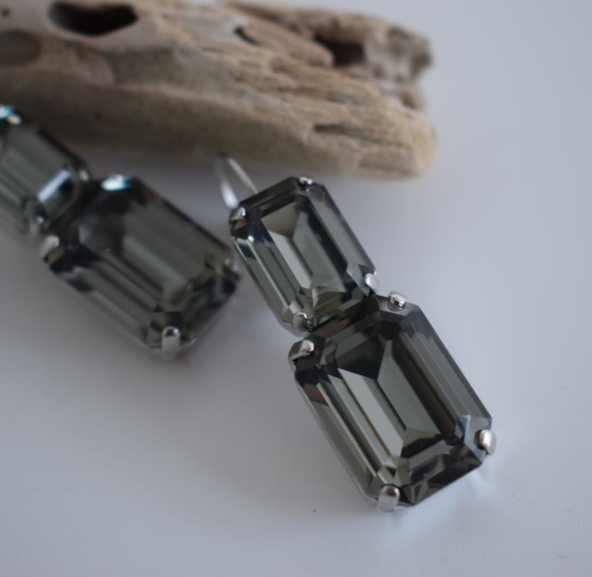 Handmade Electra earrings with rectangular crystals, Greek hammered jewelry available in 18K gold, silver and rose gold plating.