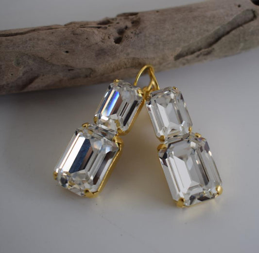 Handmade Electra earrings with rectangular crystals, Greek hammered jewelry available in 18K gold, silver and rose gold plating.