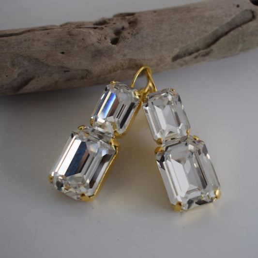 Handmade Electra earrings with rectangular crystals, Greek hammered jewelry available in 18K gold, silver and rose gold plating.