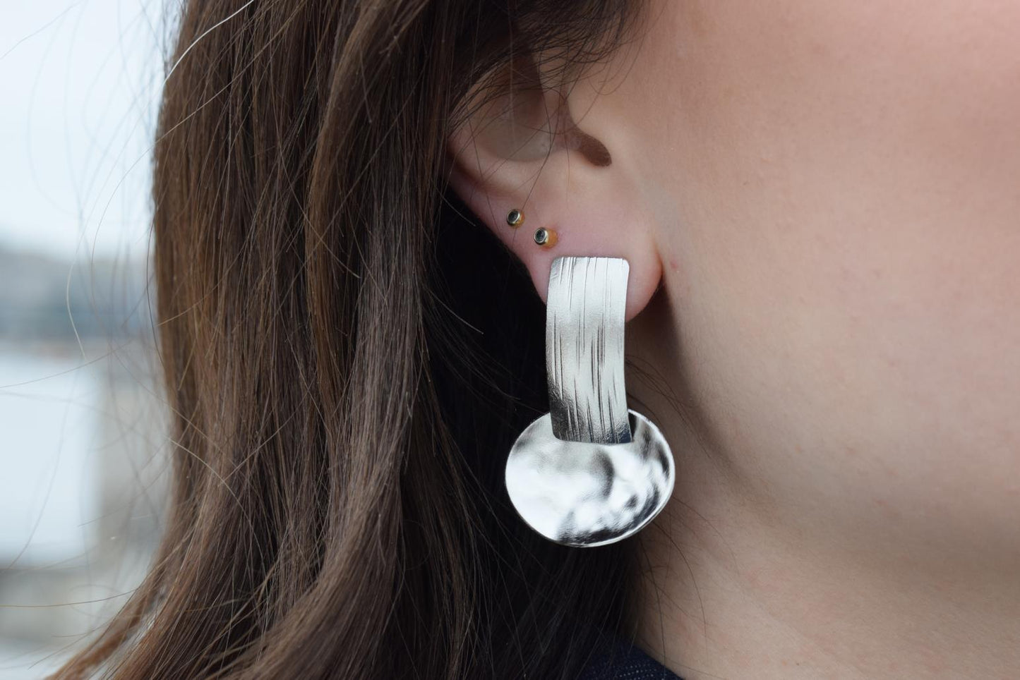 Aspides earrings – Greek hammered jewelry 18K gold plated, silver plated, and rose gold plated shield-inspired design