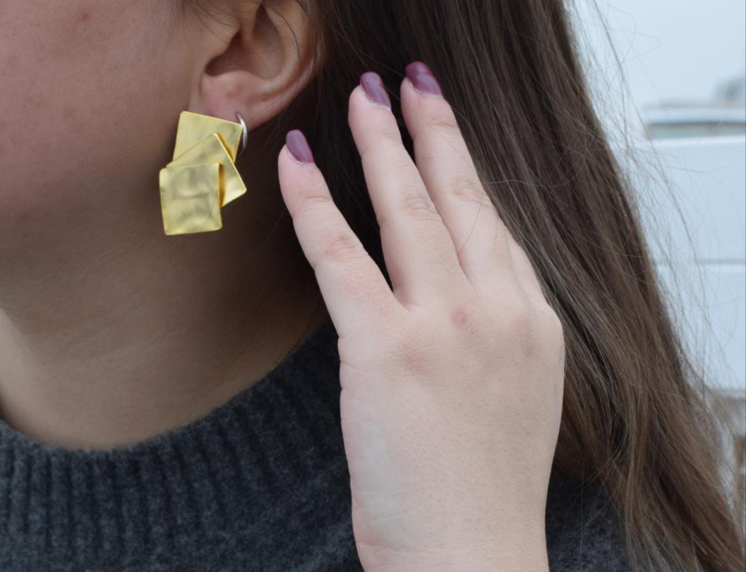 Daidalos earrings – Greek hammered jewelry 18K gold plated, silver plated, and rose gold plated with layered geometric design inspired by Daedalus