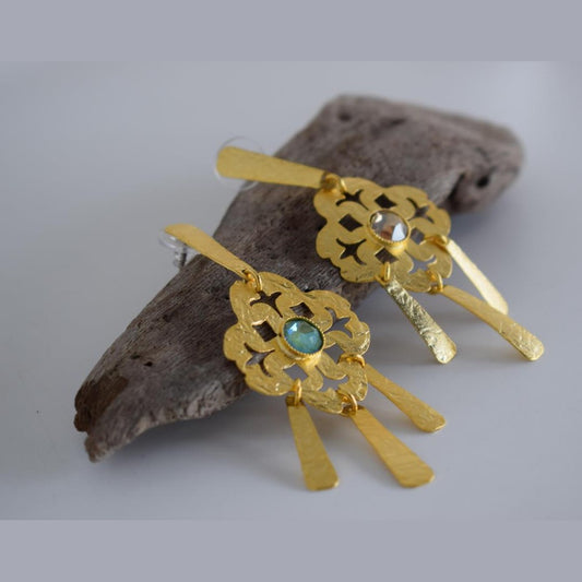 Penelope earrings with crystal – Greek hammered jewelry 18K gold plated openwork design