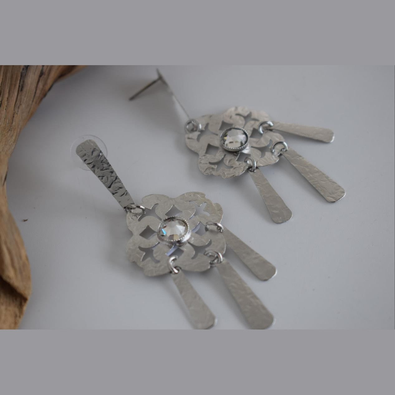 Penelope earrings with crystal – Greek hammered jewelry 18K gold plated openwork design