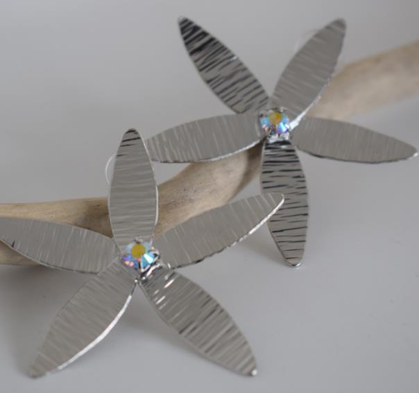 Gold Flower earrings – Greek hammered jewelry 18K gold or silver plated floral design with blue crystal, also available in rose gold plated.