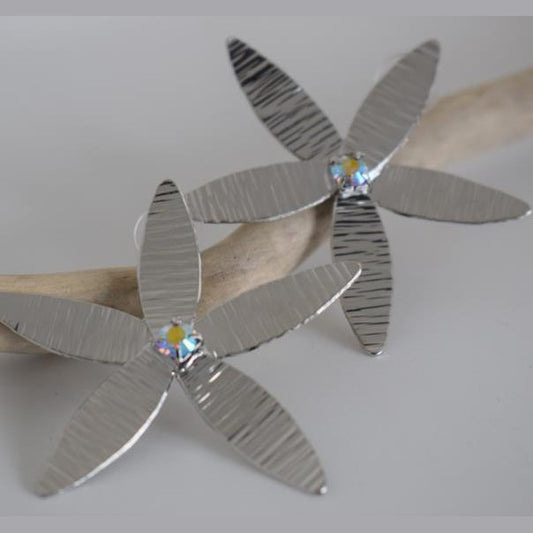 Gold Flower earrings – Greek hammered jewelry 18K gold or silver plated floral design with blue crystal, also available in rose gold plated.