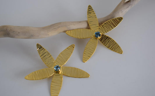 Gold Flower earrings – Greek hammered jewelry 18K gold or silver plated floral design with blue crystal, also available in rose gold plated.