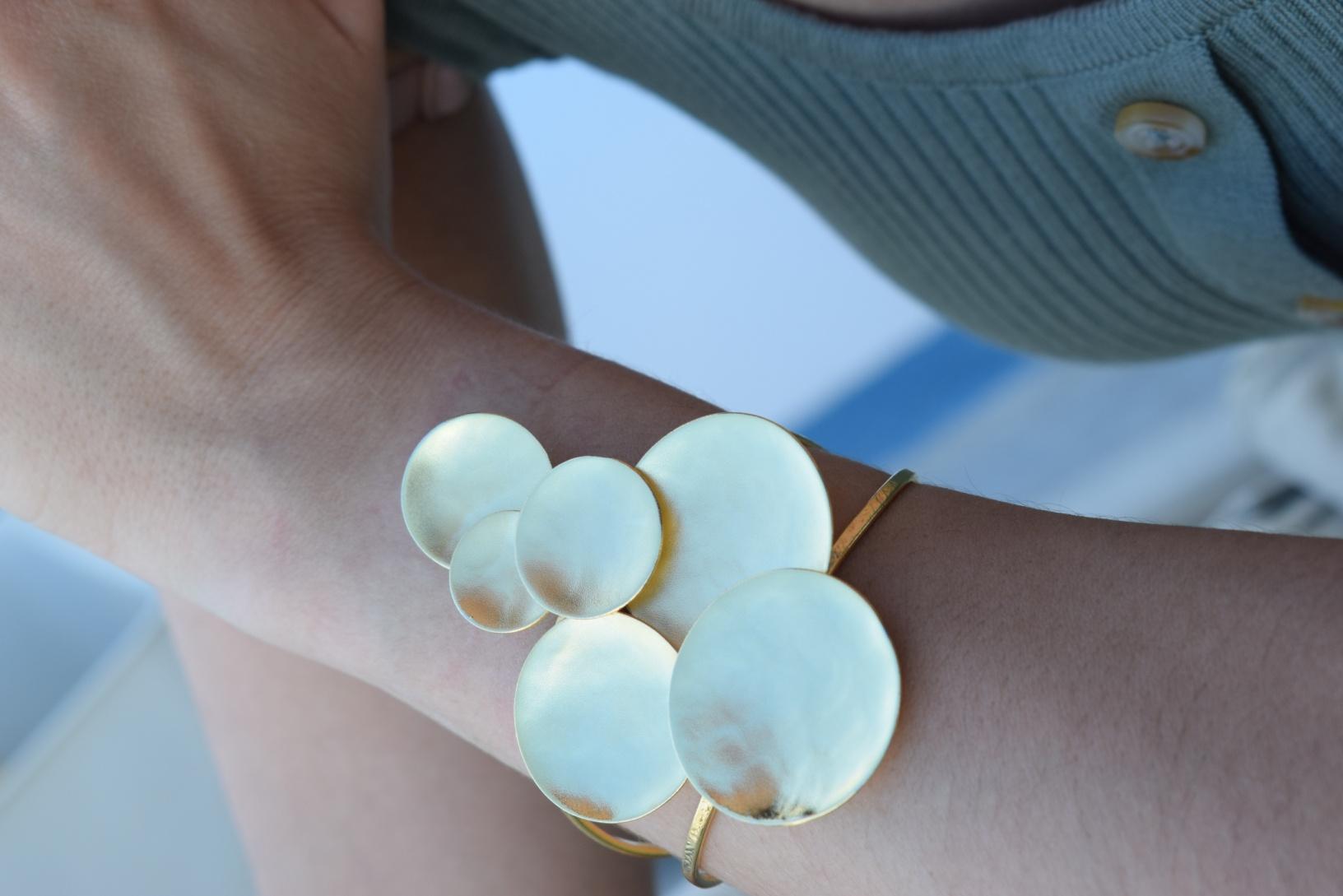 Ampelos bracelet – Greek hammered jewelry with grape motif, available in 18K gold-plated, 18K silver-plated, and rose-gold plated finishes.