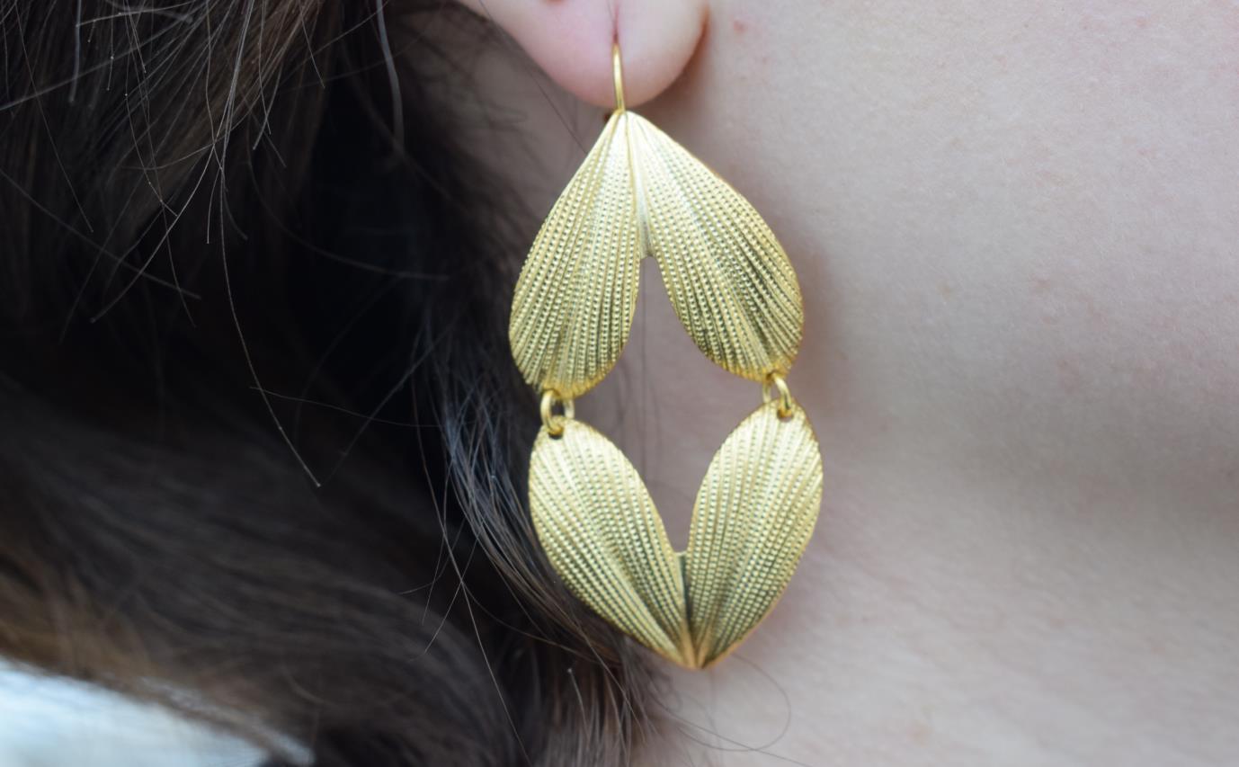 Narkissos earrings – Greek hammered jewelry 18K gold or silver plated, leaf-inspired embossed design, also available in rose gold plated.