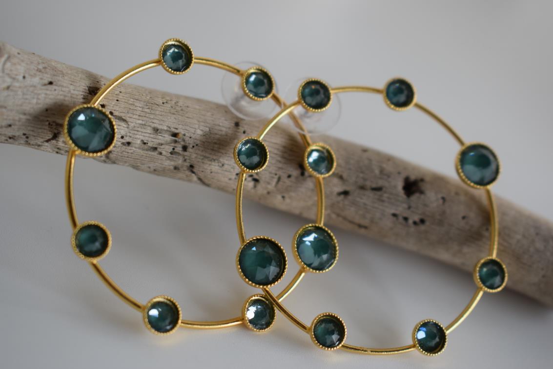 Evanthos earrings with crystal – Greek hammered jewelry 18K gold plated, circle design with pink iridescent crystals, also available in silver and rose gold.