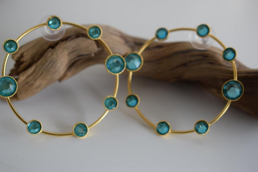 Evanthos earrings with crystal – Greek hammered jewelry 18K gold plated, circle design with pink iridescent crystals, also available in silver and rose gold.