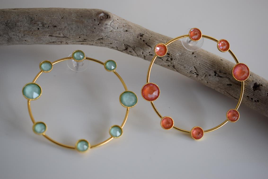 Evanthos earrings with crystal – Greek hammered jewelry 18K gold plated, circle design with pink iridescent crystals, also available in silver and rose gold.