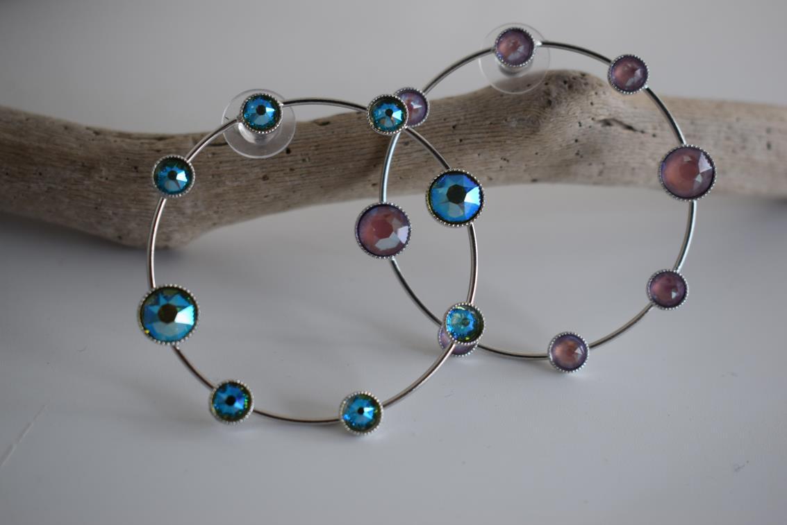 Evanthos earrings with crystal – Greek hammered jewelry 18K gold plated, circle design with pink iridescent crystals, also available in silver and rose gold.