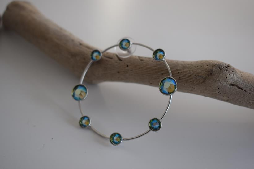 Evanthos earrings with crystal – Greek hammered jewelry 18K gold plated, circle design with pink iridescent crystals, also available in silver and rose gold.