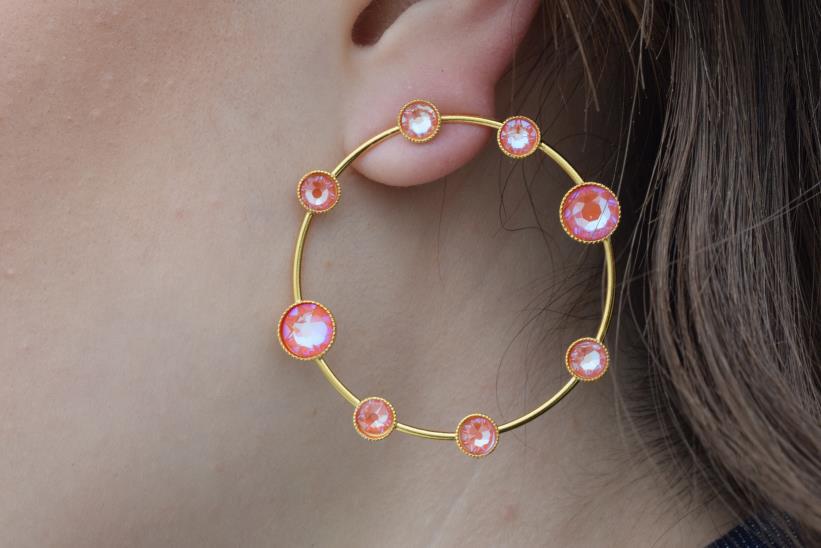 Evanthos earrings with crystal – Greek hammered jewelry 18K gold plated, circle design with pink iridescent crystals, also available in silver and rose gold.
