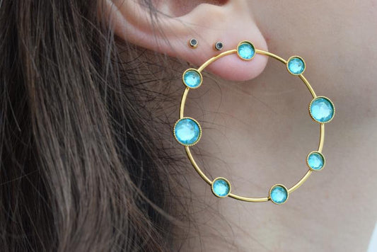 Evanthos earrings with crystal – Greek hammered jewelry 18K gold plated, circle design with pink iridescent crystals, also available in silver and rose gold.