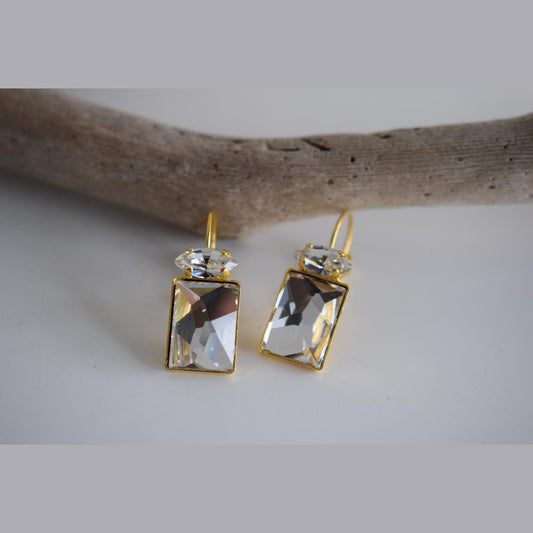 Argyroe earrings with Swarovski crystal – Greek hammered jewelry 18K gold plated rectangular crystal design, also available in silver and rose gold.