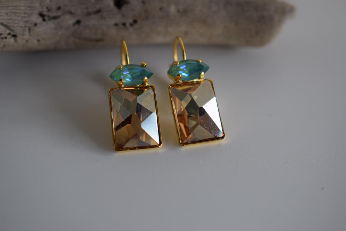 Argyroe earrings with Swarovski crystal – Greek hammered jewelry 18K gold plated rectangular crystal design, also available in silver and rose gold.