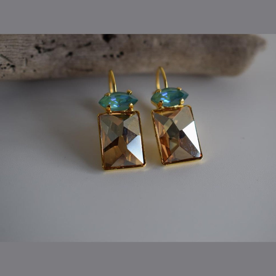 Argyroe earrings with Swarovski crystal – Greek hammered jewelry 18K gold plated rectangular crystal design, also available in silver and rose gold.
