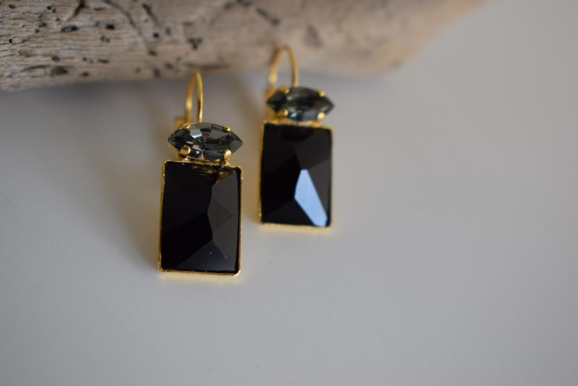 Argyroe earrings with Swarovski crystal – Greek hammered jewelry 18K gold plated rectangular crystal design, also available in silver and rose gold.