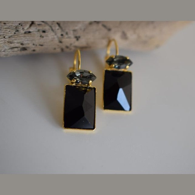 Argyroe earrings with Swarovski crystal – Greek hammered jewelry 18K gold plated rectangular crystal design, also available in silver and rose gold.