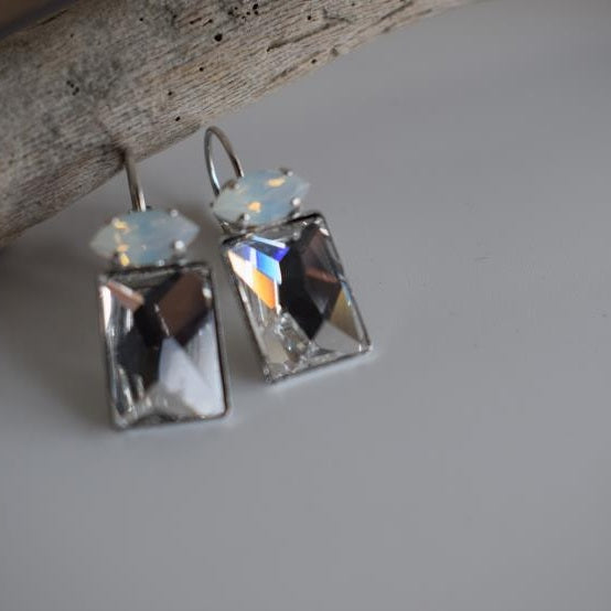 Argyroe earrings with Swarovski crystal – Greek hammered jewelry 18K gold plated rectangular crystal design, also available in silver and rose gold.