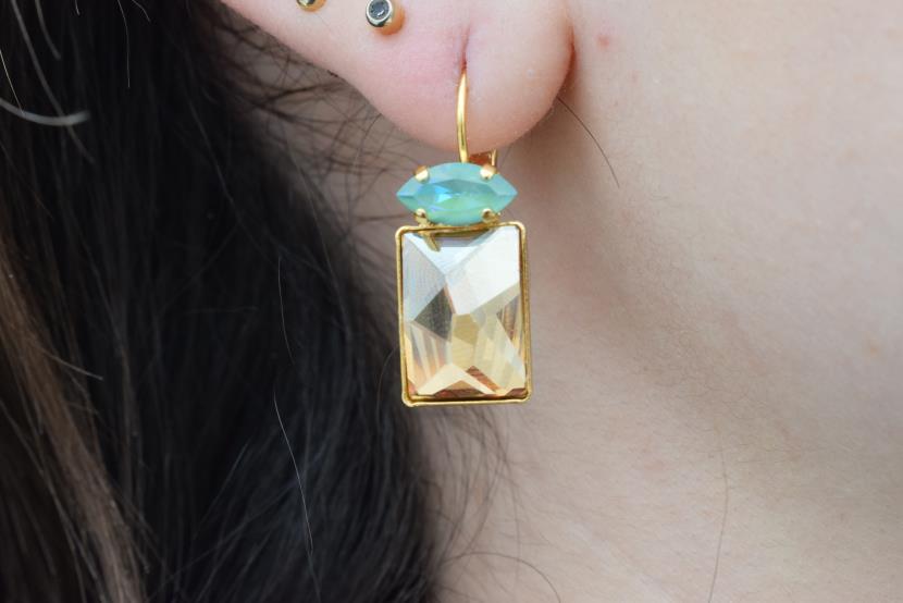Argyroe earrings with Swarovski crystal – Greek hammered jewelry 18K gold plated rectangular crystal design, also available in silver and rose gold.