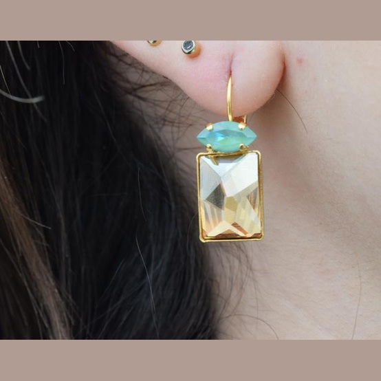 Argyroe earrings with Swarovski crystal – Greek hammered jewelry 18K gold plated rectangular crystal design, also available in silver and rose gold.