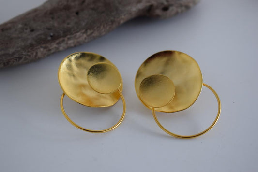 Estia earrings – Greek hammered jewelry 18K gold plated circular design, also available in silver and rose gold plating.